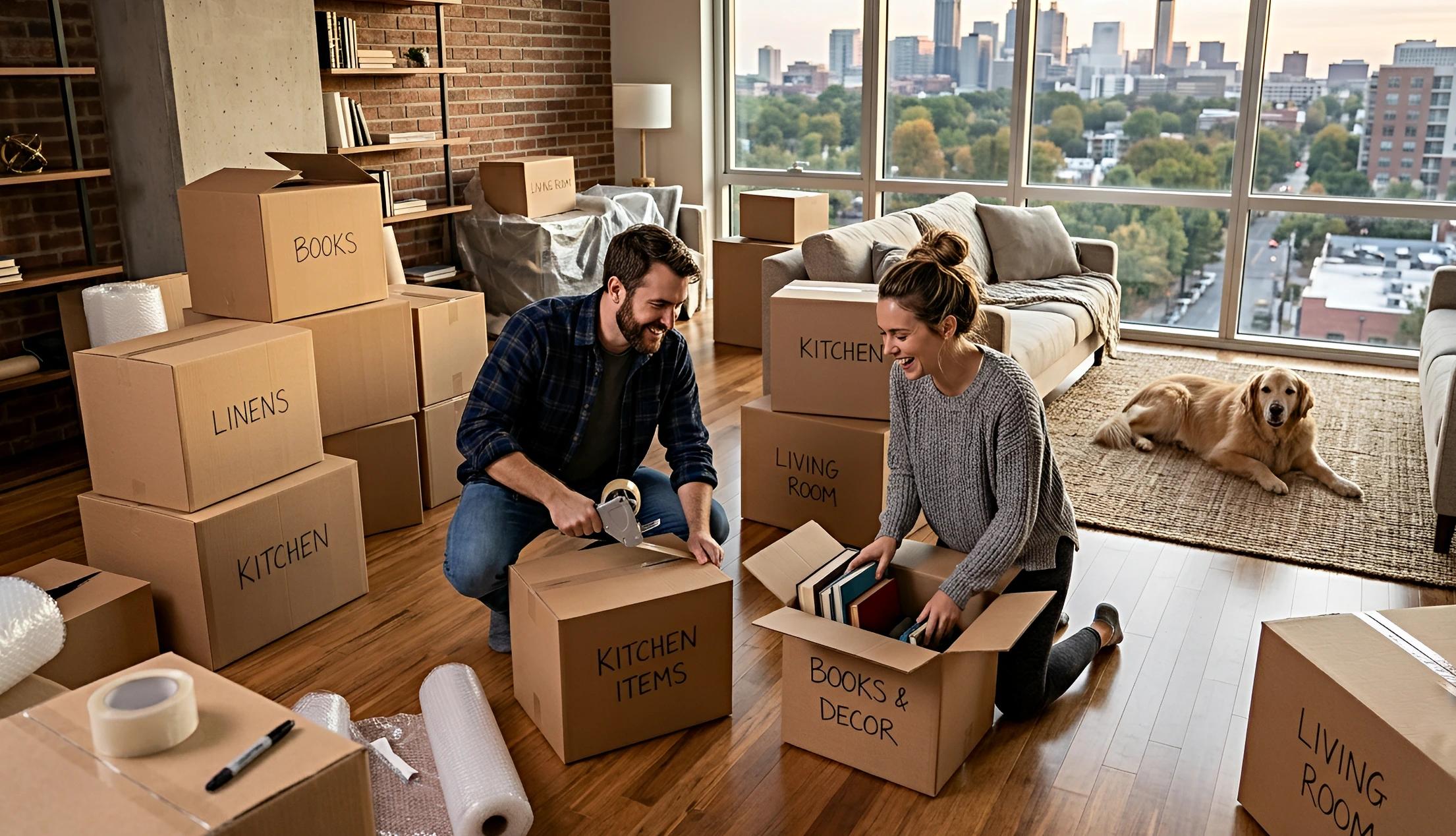 A couple and their golden retriever unpacking labeled moving boxes into a high-rise apartment