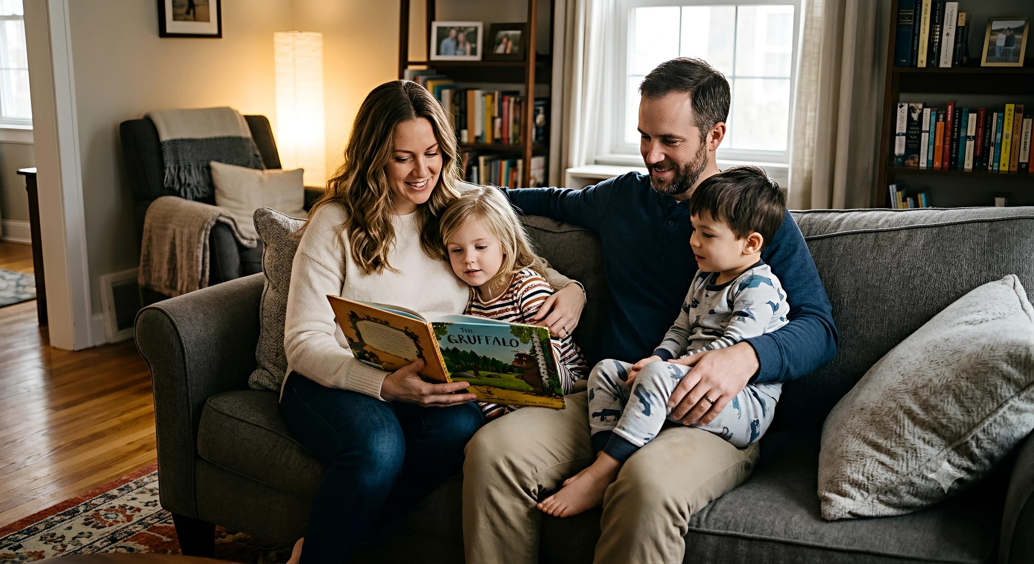 A family reading together on a sofa in a warm living room
