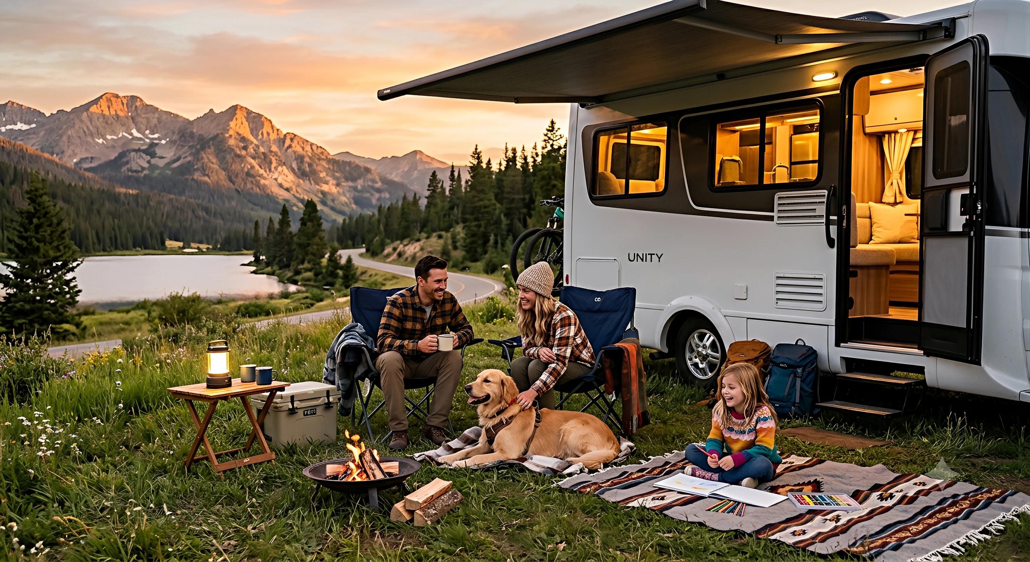 A family and dog relaxing beside an RV campsite in the mountains