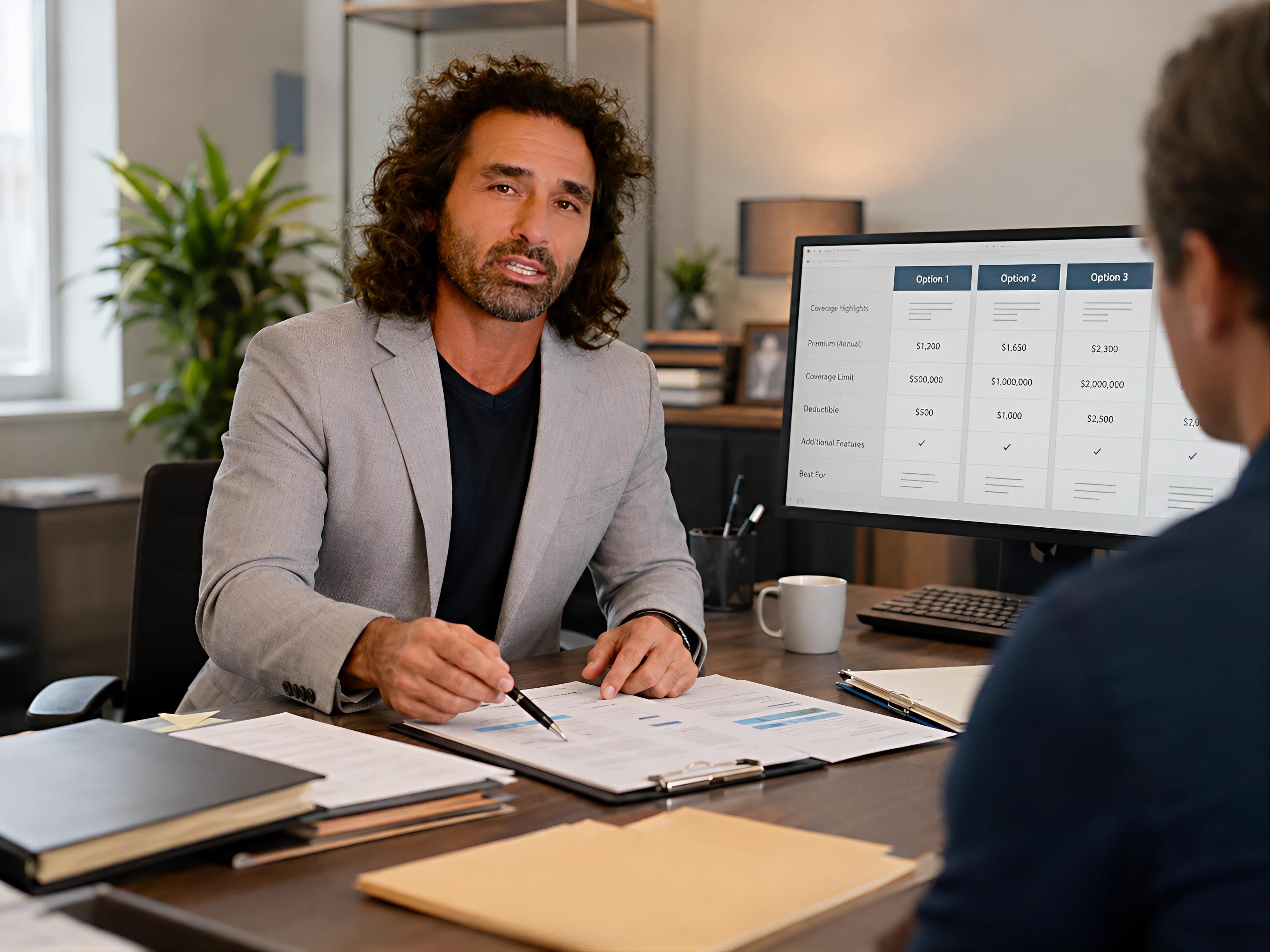 An insurance advisor reviewing service documents with a client in an office