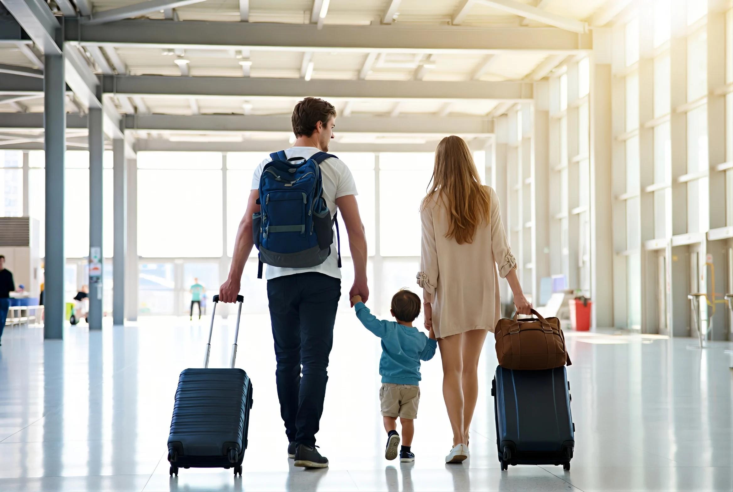 A family walking through a bright airport terminal with luggage