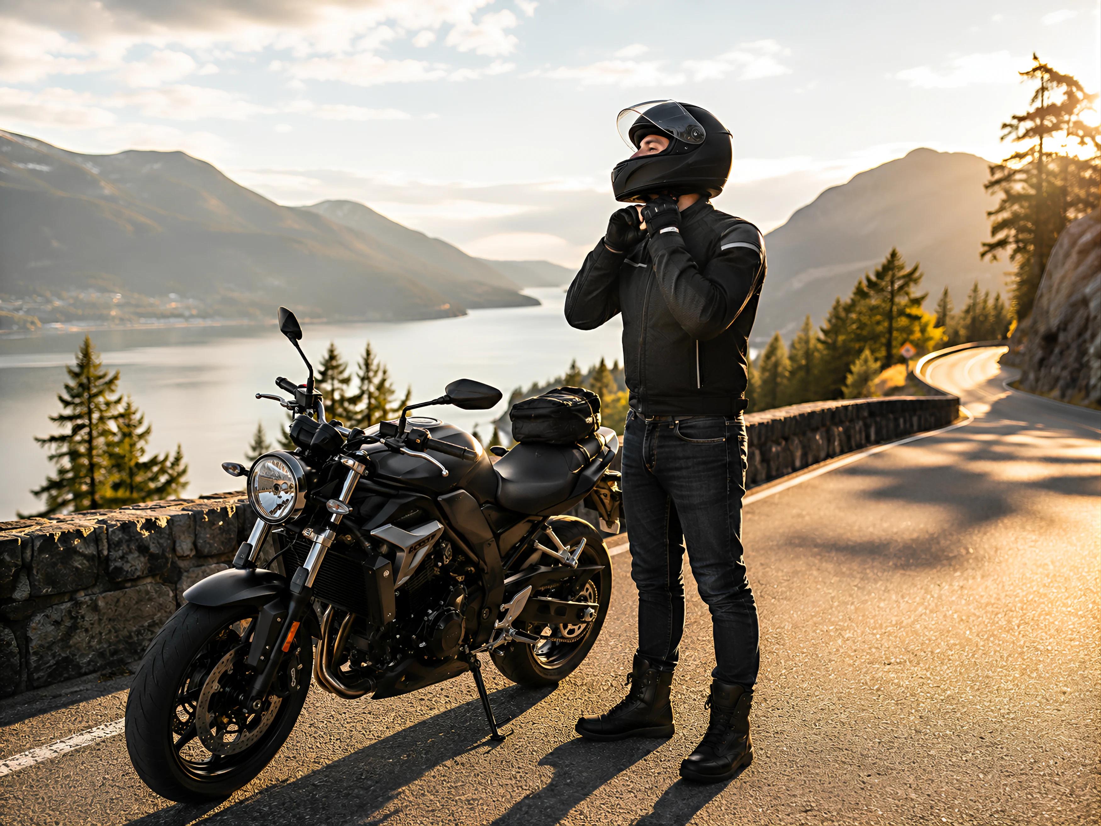 A motorcyclist standing beside a bike at a mountain overlook