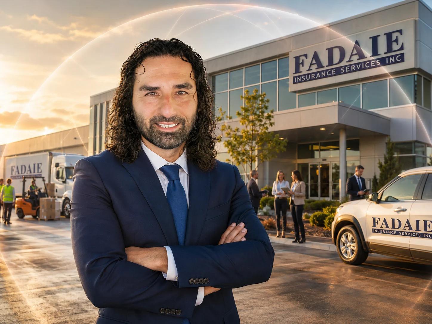Fadaie advisor standing outside a branded insurance office with commercial vehicles nearby