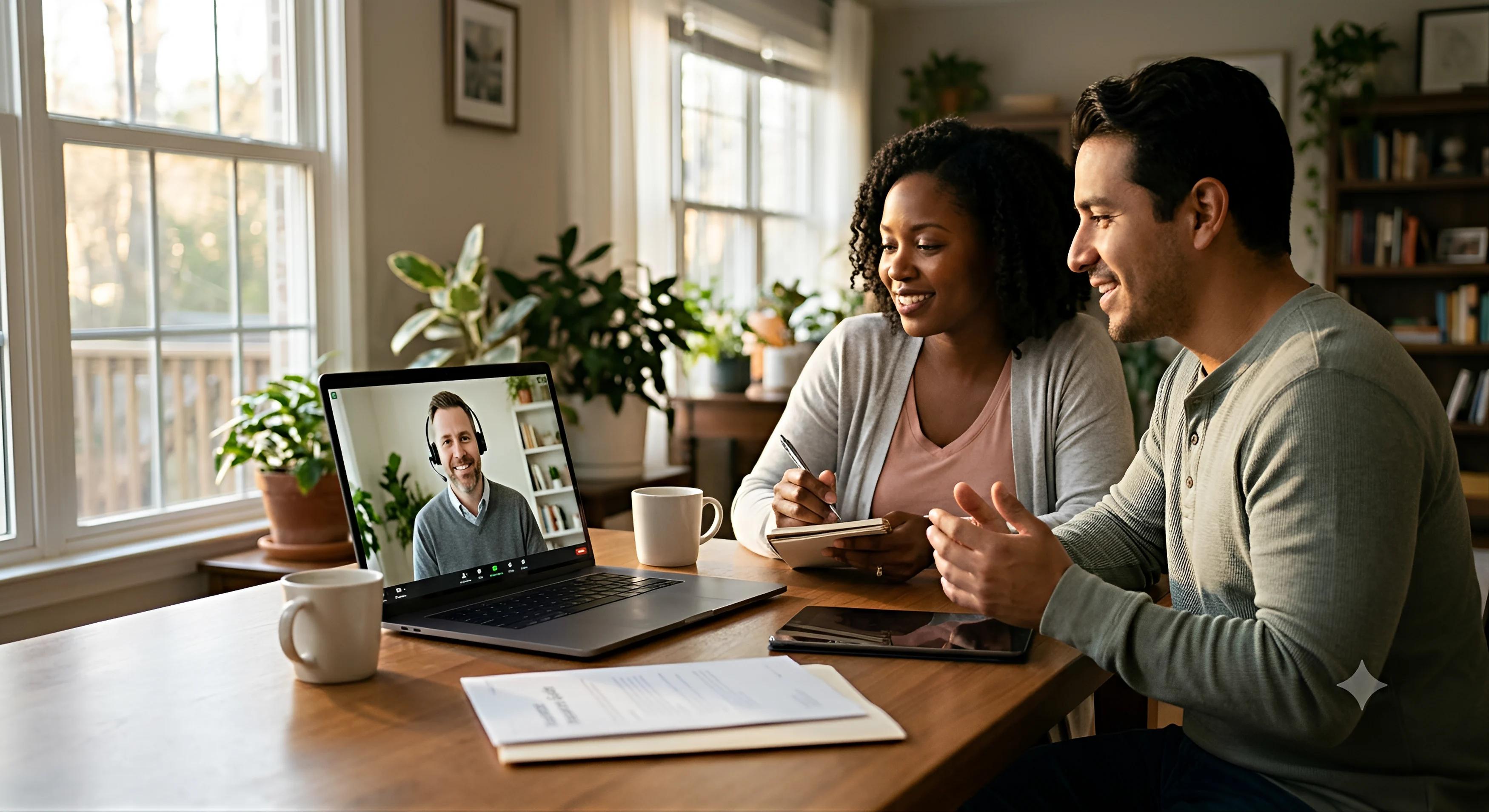 A couple reviewing travel coverage with an insurance advisor on a video call before a trip